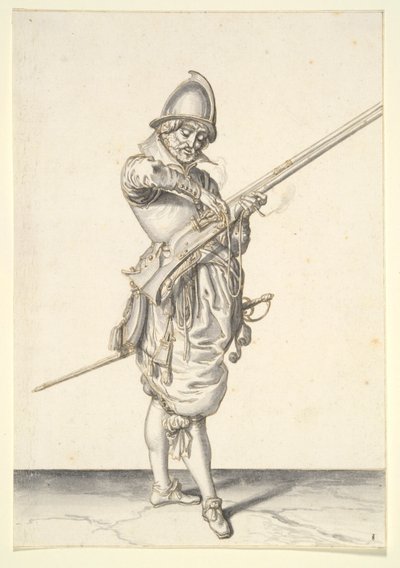 Soldaat die zich voorbereidt om een caliver af te vuren door Jacques de Gheyn II