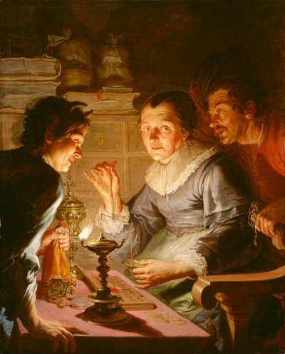 Dutch: Een geldwegende oude vrouw: allegorie op de Gierigheid The Gold Weigher door Jacques de l
