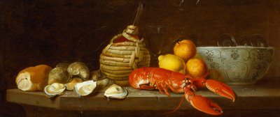 Brood, oesters, een Chianti-fles, een kreeft, citroenen, sinaasappels en glazen in een porseleinen kom op een richel door Jakob Bogdani or Bogdany
