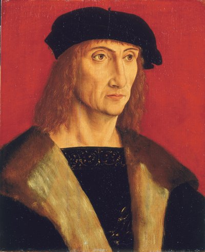 Portret van een man met een bontgevoerde jas, gouden ketting en een zwarte baret, voor een rode achtergrond door Jakob Elsner