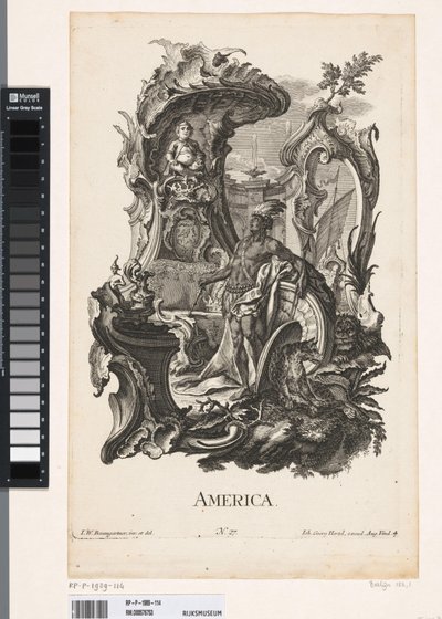Rocaille met de personificatie van het werelddeel Amerika door Jakob Gottlieb Thelott