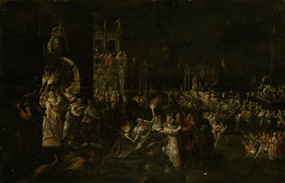 Een carnavalsnacht op een barokke piazza door Jakob Isaaksz Swanenburgh