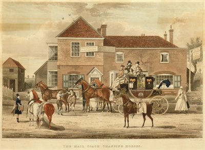 De postkoets wisselt van paarden, ca.1825 door James (after) Pollard