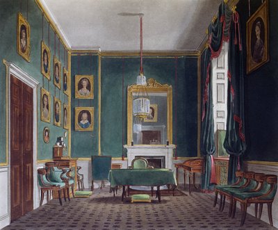 Groene terugtrekkamer, Gravure door Daniel Havell (1785-1826), Gebaseerd op ontwerp van James Stephanoff (ca 1788-1874), Uit The History of the Royal Residences door James (after) Stephanoff