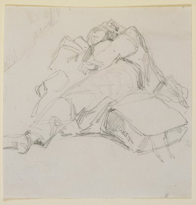 Een man die slaapt op een stapel bagage, 1858 door James Abbott McNeill Whistler