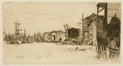 Free Trade Wharf in Londen door James Abbott McNeill Whistler