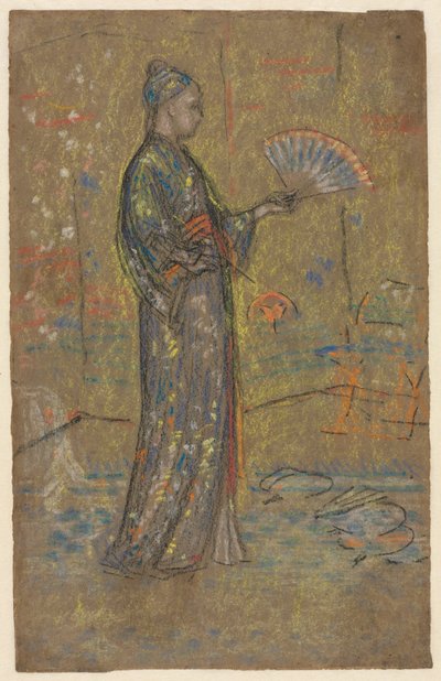 Japanse vrouw schildert een waaier recto, staande vrouw houdt haar jurk omhoog verso, c. 1872 door James Abbott McNeill Whistler