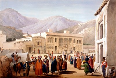 Shah Shoja, marionet van de Britten, houdt een durbar in Kabul, Eerste Anglo-Afghaanse Oorlog door James Atkinson
