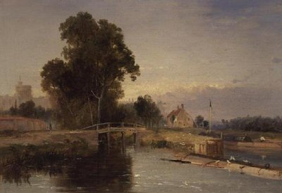 Schuit met een sluisdeur en Windsor daarachter door James Baker Pyne