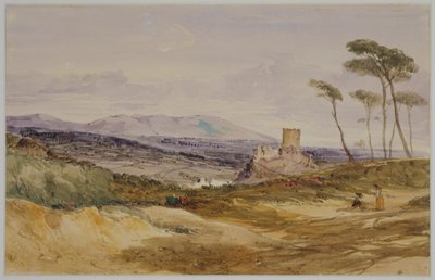 Landschap met kasteel en figuren door James Baker Pyne