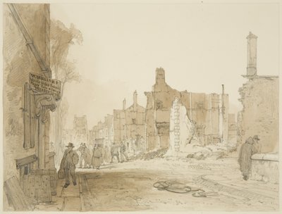 Ruïnes van het Stadhuis en Douanehuis in Queen Square na de rellen door James Baker Pyne