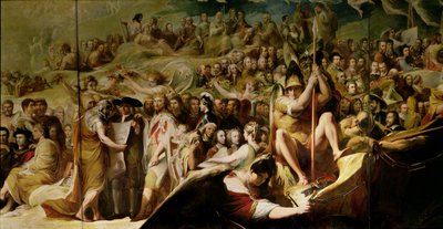 Elysium, of de staat van uiteindelijke vergelding, zesde in de serie De vooruitgang van menselijke cultuur en kennis, detail van wetenschappers en filosofen door James Barry