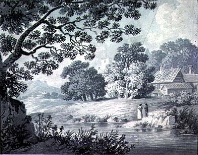 Landschap, met een rivier op de voorgrond door James Bayes