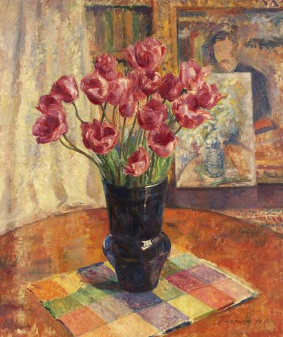 Tulpen in een blauwe kom door James Bolivar Manson