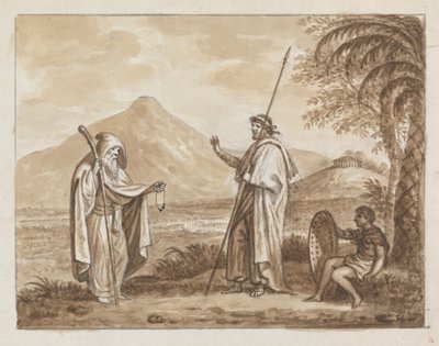 Oude man, krijger en jongen in een klassiek landschap door James Bruce