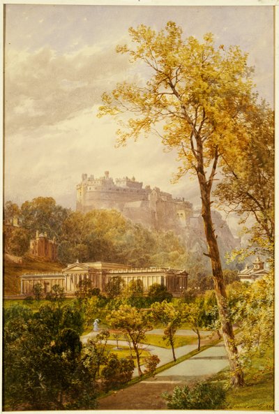 Een uitzicht op Princes Street Gardens en de National Gallery, Edinburgh kijkend naar het westen richting het kasteel, 1855 door James Burrell Smith