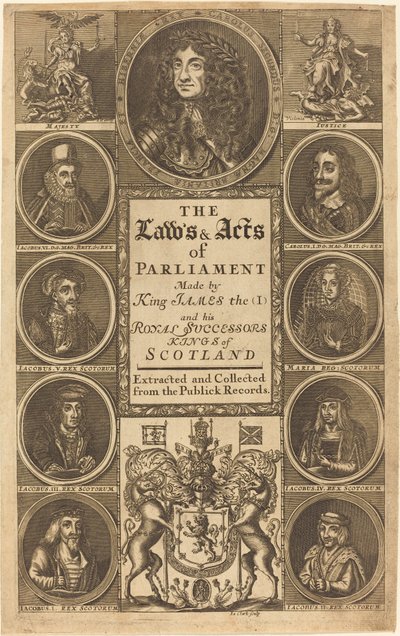 Frontispice voor "The Laws and Acts of Parliament Made by King James I ..." door James Clark