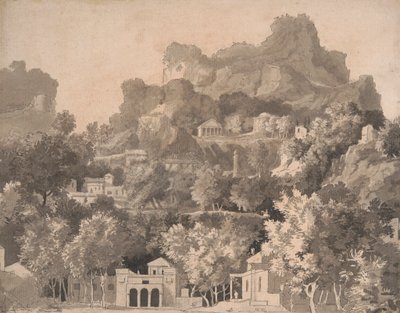 Rotsachtig landschap met klassieke gebouwen door James Deacon