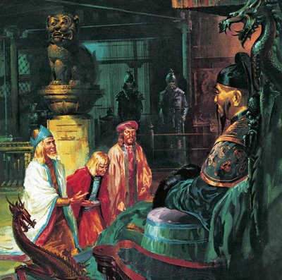 Marco Polo voor Kublai Khan, 20e eeuw (litho) door James Edwin McConnell