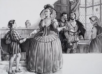 De jonge Francis Bacon en koningin Elizabeth I (gouache op papier) door James Edwin McConnell