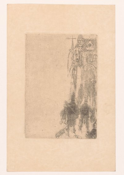 Figuren lopen richting een poort met vlees en vis door James Ensor
