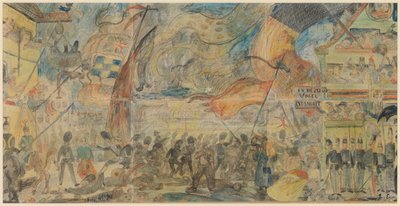 De stakingsactie (krijt, potlood  pastel op papier gemonteerd op karton) door James Ensor