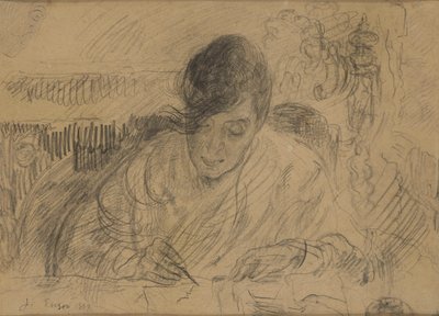 Vrouw die een brief schrijft (zuster van Ensor) door James Ensor