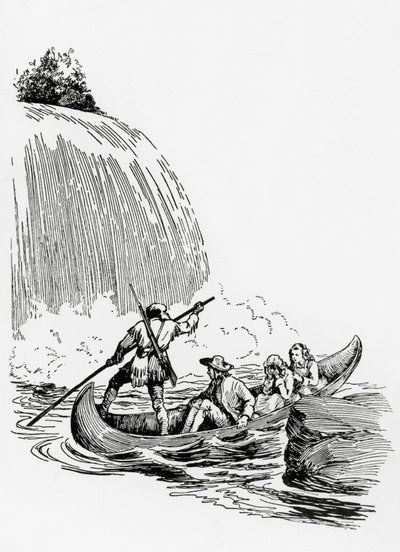 De hoofdpersonen in een kano bij een waterval, illustratie voor De Laatste der Mohikanen door James Fenimore Cooper, Principato Editore, Milaan door James Fenimore Cooper
