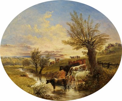 Landschap met stroom en vee door James Flewitt Mullock
