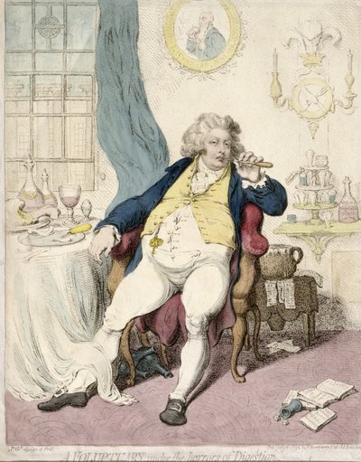 Een voluptuariër onder de verschrikkingen van de spijsvertering, uitgegeven door Hannah Humphrey in 1792 door James Gillray