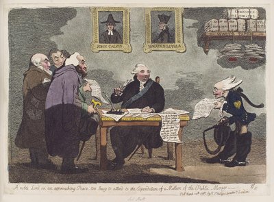 Een edelachtbare, over een naderende vrede, te druk met het bijwonen van de uitgaven van een miljoen van het overheidsgeld door James Gillray door James Gillray