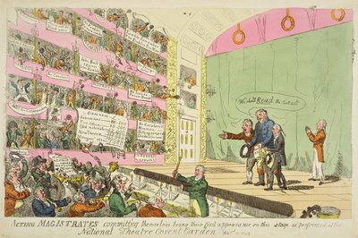 Optredende magistraten die zichzelf inzetten, hun eerste optreden in het National Theatre Covent Garden door James Gillray