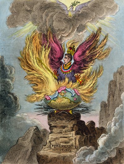 Apotheose van de Corsicaanse Feniks, gepubliceerd door Hannah Humphrey in 1808 door James Gillray