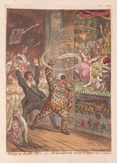 Het Opblazen van de Pic Nics of Harlekijn Quixotte die de Poppen aanvalt, uitgegeven 1804 door James Gillray