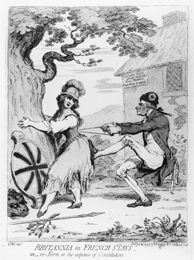 Britannia in Franse Korsetten, of Hervorming ten koste van de Grondwet, gepubliceerd door Hannah Humphrey in 1793 door James Gillray
