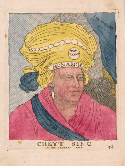 Cheyt Sing in zijn oosterse kleding, uitgegeven 1786 door James Gillray