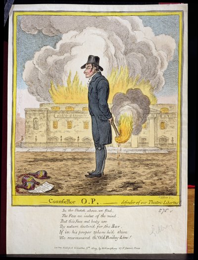 Raadsman O.P., verdediger van onze Theatrale Vrijheden, toont de brand van Covent Garden Theatre, gepubliceerd door Hannah Humphrey, 1809 door James Gillray