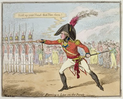 Een Lijn Vormen op het Paradeplein, uitgegeven door Hannah Humphrey in 1801 door James Gillray