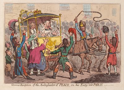 Glorieuze ontvangst van de ambassadeur van vrede bij zijn intrede in Parijs, uitgegeven 1796 door James Gillray