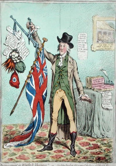 Verbetering in Gewichten en Balansen, of Sir John Seeclear ontdekt de Balans van de Britse Vlag door James Gillray