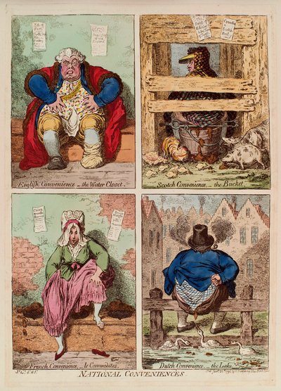 Nationale gemakken. (beschrijving en vergelijking van toiletten in Engeland, Schotland, Frankrijk en Nederland). Werk van James Gillray, gravure en aquarel door James Gillray