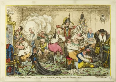 Fatsoenlijk maken; d.w.z. breed-benen in het grote kostuum krijgen door James Gillray