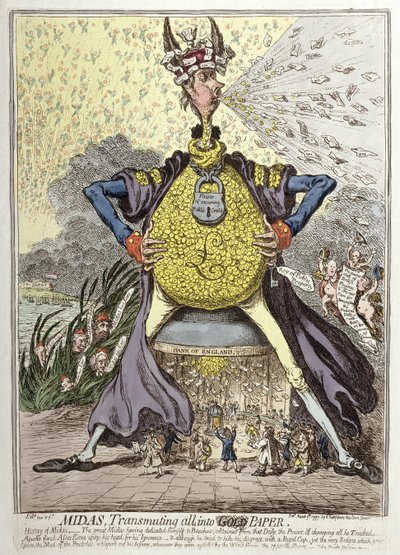 Midas Verandert Alles in Goud Papier, gepubliceerd door Hannah Humphrey in 1797 door James Gillray