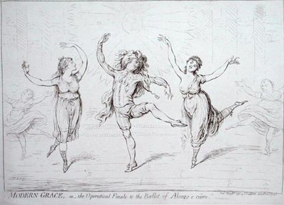 Moderne gratie, of de operafinale van het ballet van Alonzo e caro, uitgegeven door Hannah Humphrey in 1796 door James Gillray