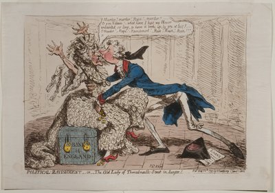 Politieke Verkrachting, of De Oude Dame van Threadneedle Street in gevaar!, gepubliceerd door Hannah Humphrey, 1797 door James Gillray
