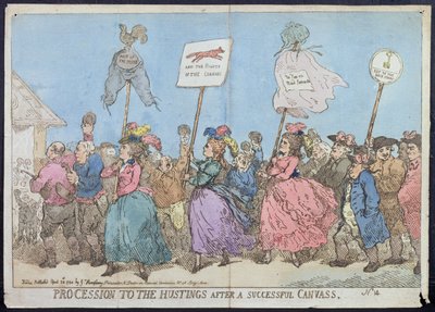 Processie naar de stembus na een succesvolle campagne, gepubliceerd door G. Humphrey in 1784 door James Gillray