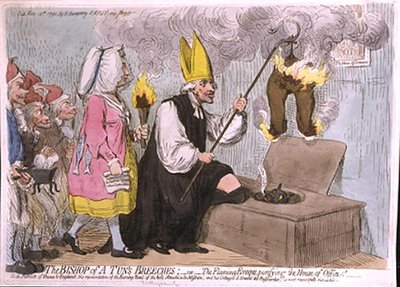 De broek van de bisschop van een ton, of De brandende eveque die het huis van kantoor zuivert, uitgegeven door Hannah Humphrey in 1792 door James Gillray
