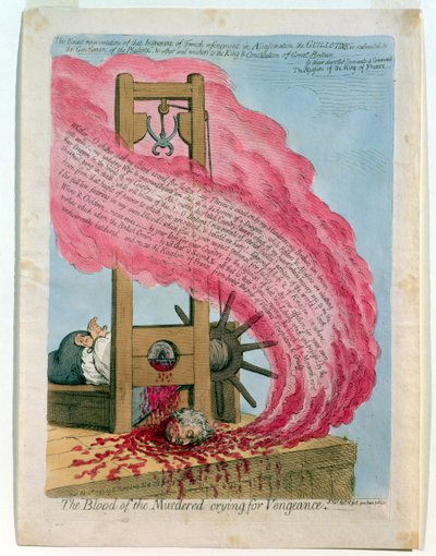 "Het bloed van de vermoorde schreeuwt om wraak", de executie van Louis XVI (1754-93) door de guillotine, gepubliceerd door Hannah Humphrey door James Gillray