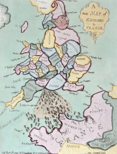 De Franse invasie, of John Bull bombardeert de bum-boats, uitgegeven door Hannah Humphrey in 1793 door James Gillray