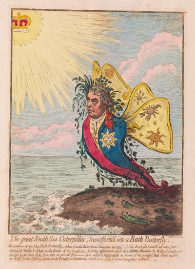 De Grote Zuidzee Rups, getransformeerd in een Bath Vlinder door James Gillray